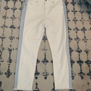 Loft skinny cropped high waist jeans in cream with blue tuxedo stripe